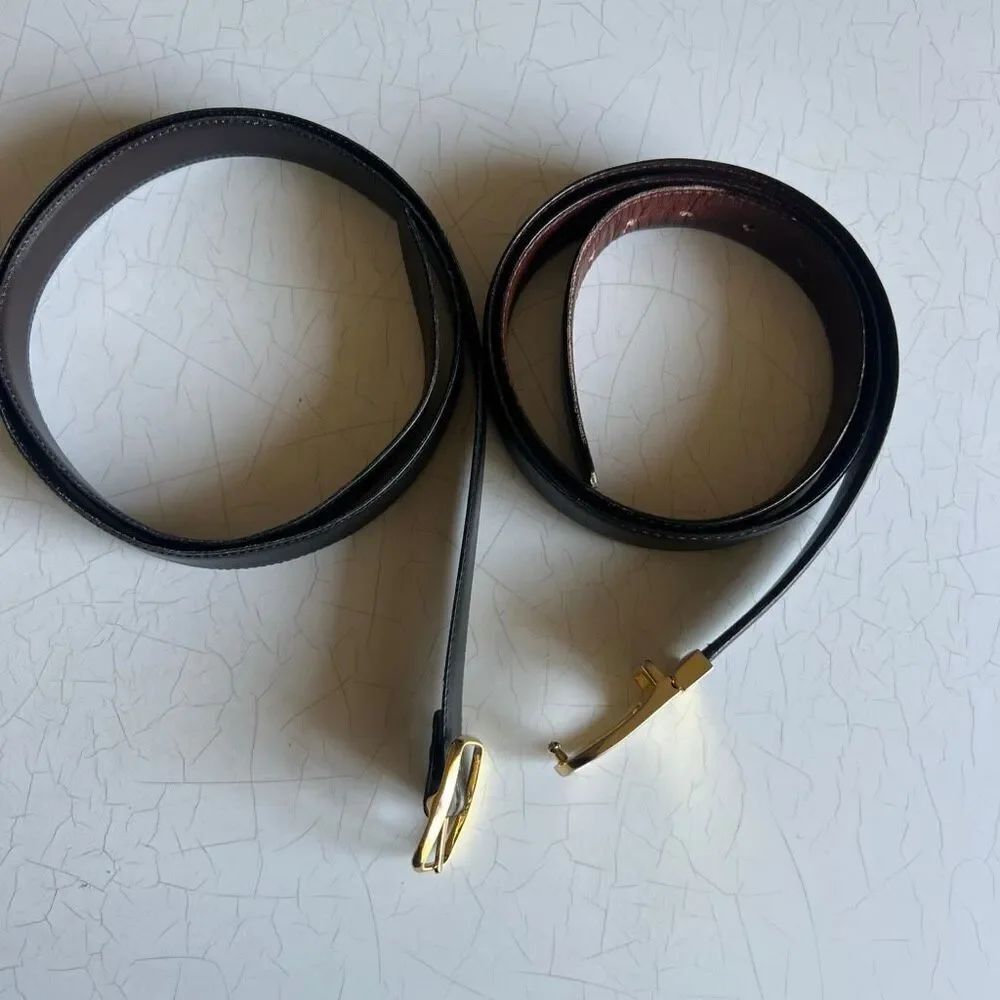 Vintage bundle of two belts gold buckle brass soft leather brown and black
